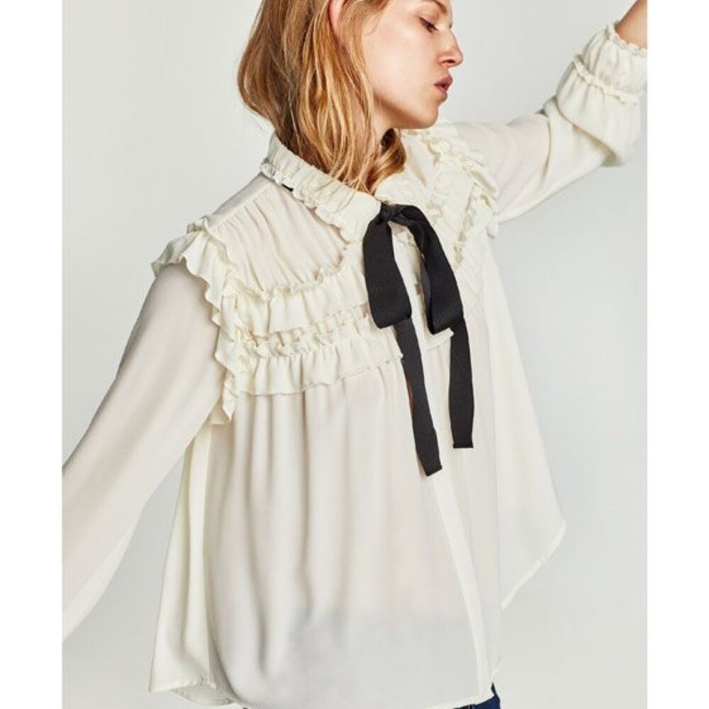 Zara White Ruffle Blouse Black Tie with Faux Pearl Detail Top - Medium